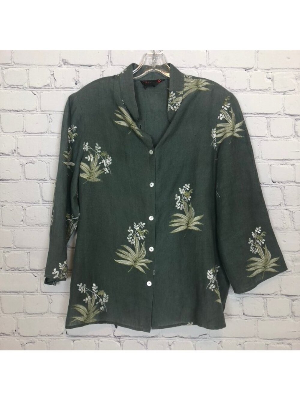 Nina McLemore Green Embroidered Linen Overshirt Jacket